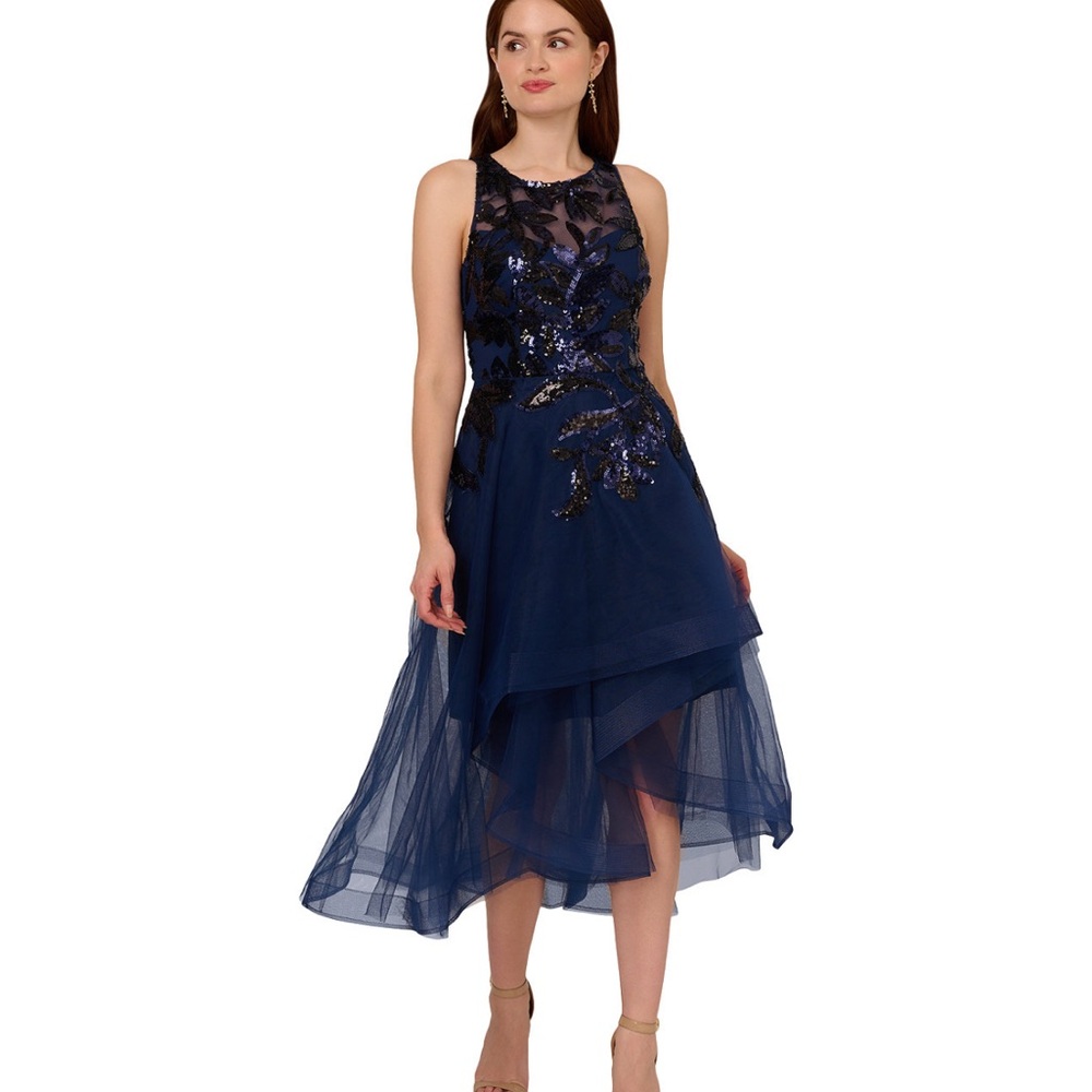 Adrianna Papell Elegant Navy Blue Sequin Dress